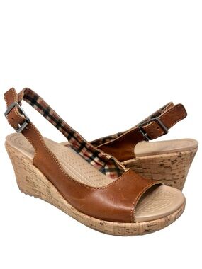 Crocs A-Leigh Leather Peep Toe Slingback Cork Wedge Sandals Womens 7